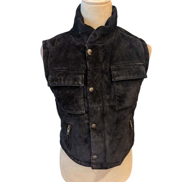 Choices Y2K Black Suede Leather Vest Quality Unisex Zip Snap Front Sz S - Picture 10 of 11